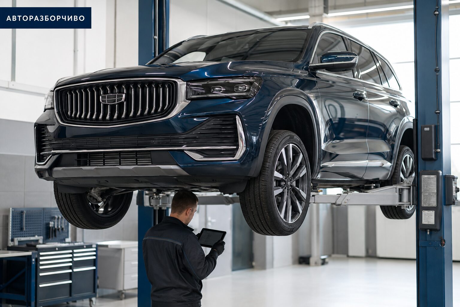 Проверка Geely Monjaro с пробегом перед покупкой на подъёмнике в автосервисе