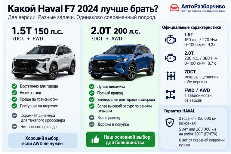 Какой Haval F7 2024 лучше брать — 1.5T FWD или 2.0T AWD